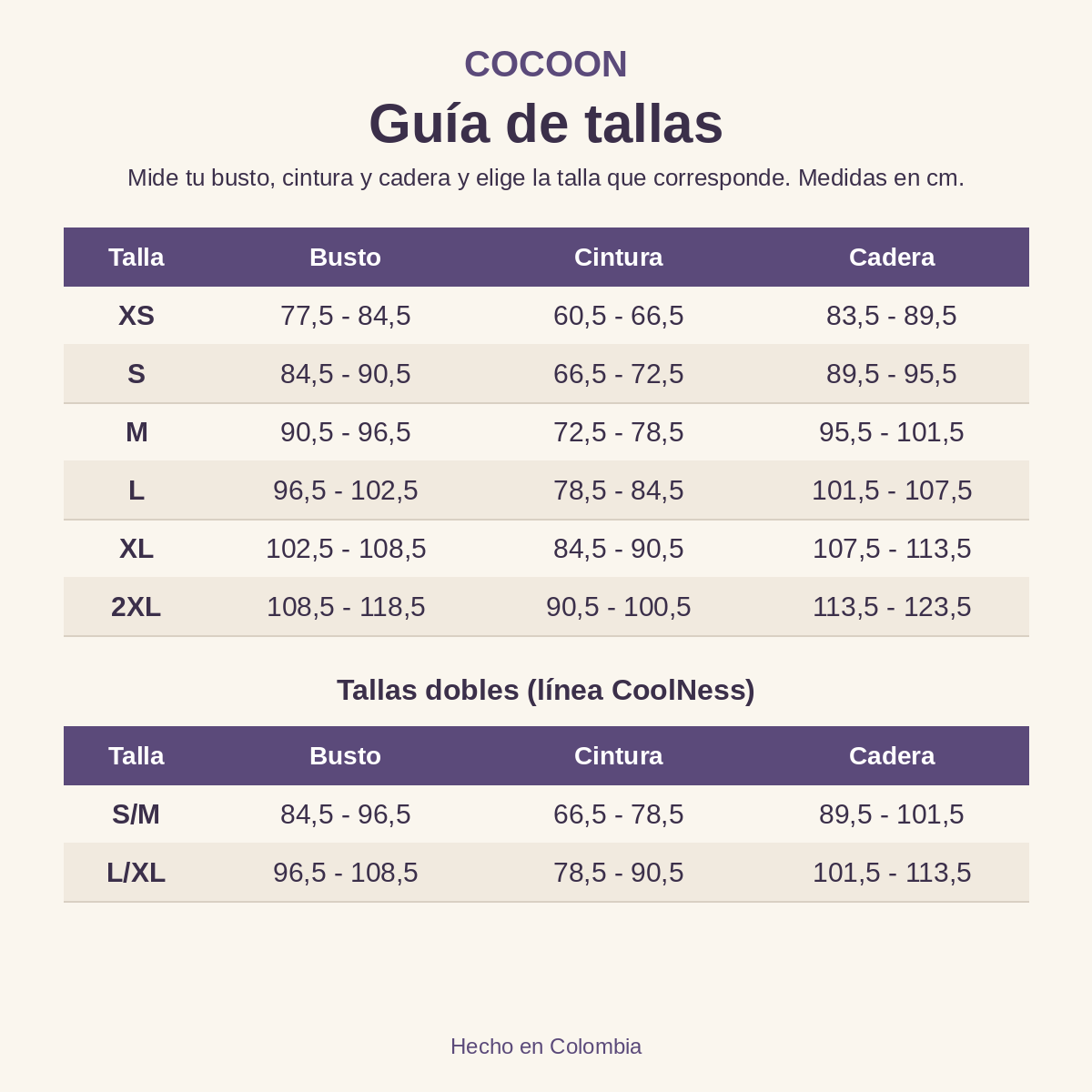 Guía de tallas Cocoon: busto, cintura y cadera en centímetros